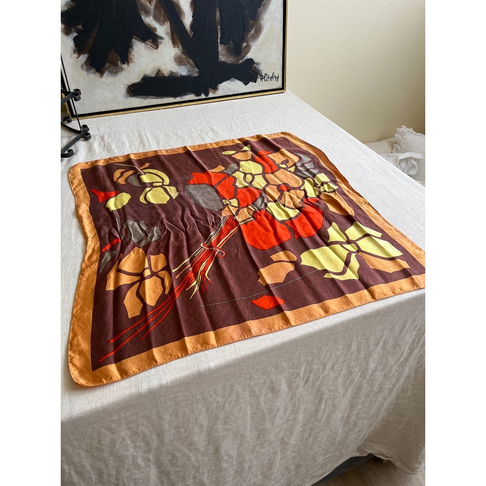 DVintage MCM Silk Scarf Hand Stitched Rolled Hem Mod Floral Bouquet Brown Orange